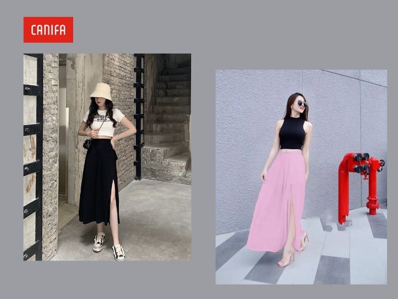 cách phối đồ cho người gầy nữ với áo croptop và chân váy midi xẻ tà