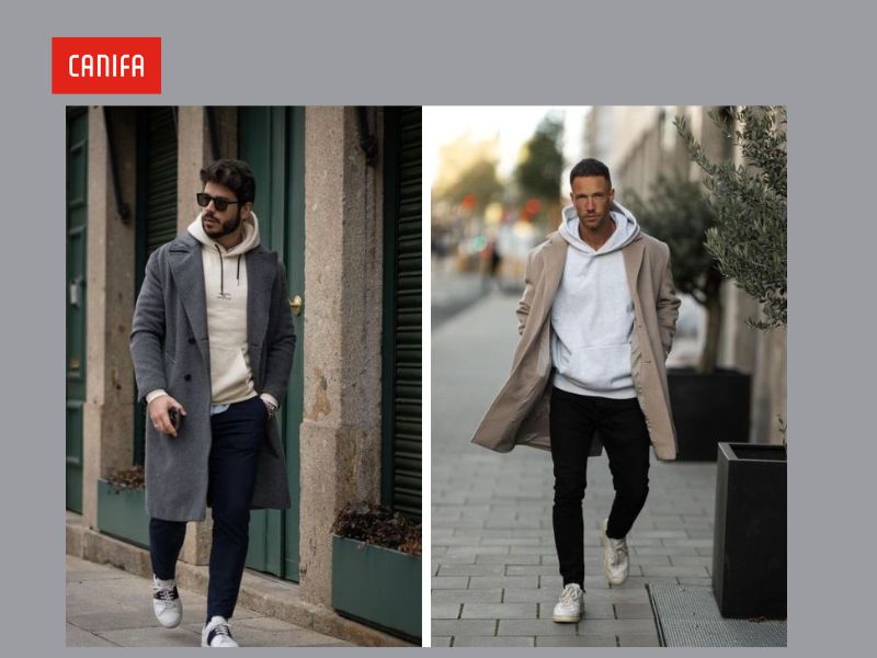 mix đồ với áo hoodie nam cùng áo trench coat