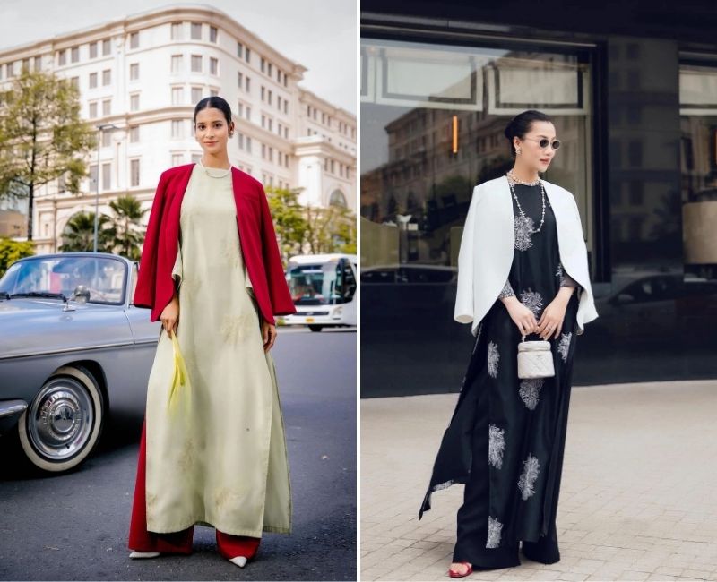 áo khoác mặc với áo dài phối áo khoác blazer với áo dài