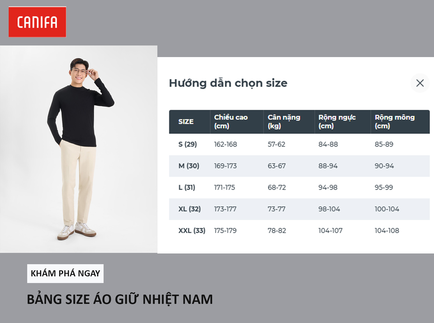 bảng size áo giữ nhiệt nam