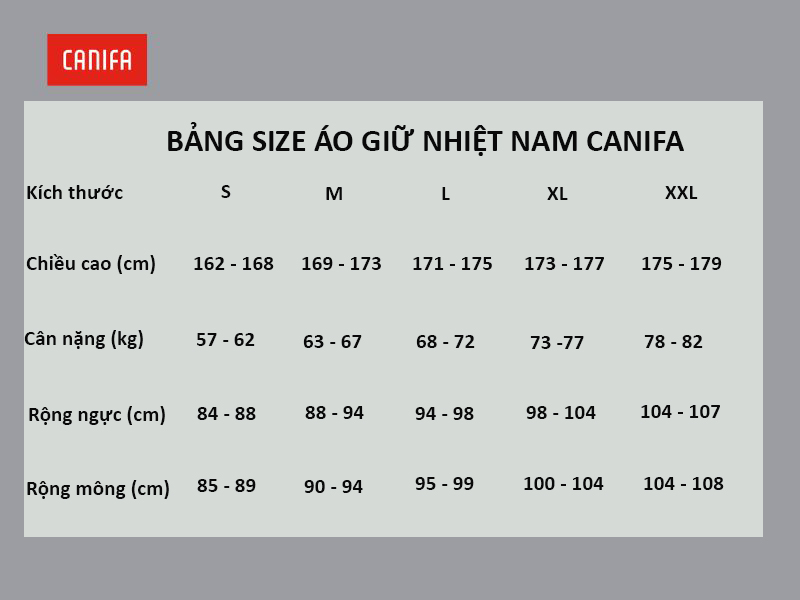 bảng size áo giữ nhiệt nam canifa