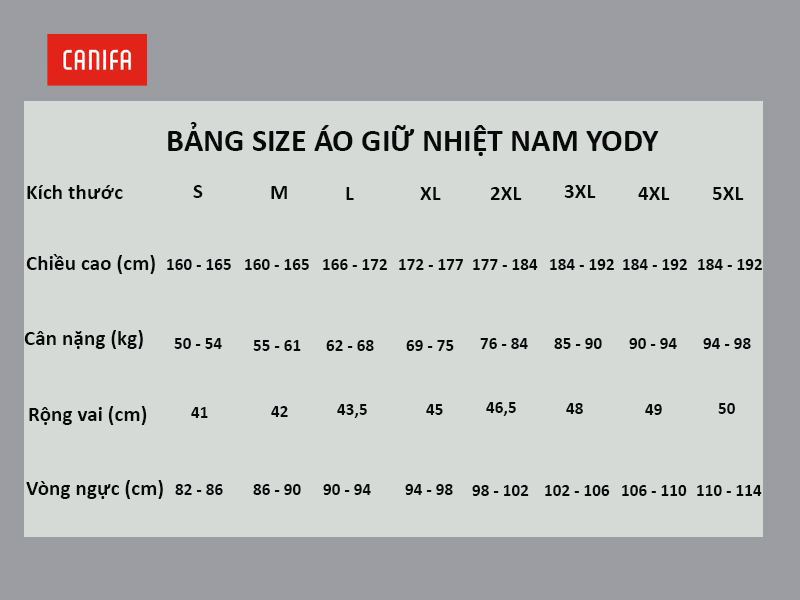 bảng size áo giữ nhiệt nam yody