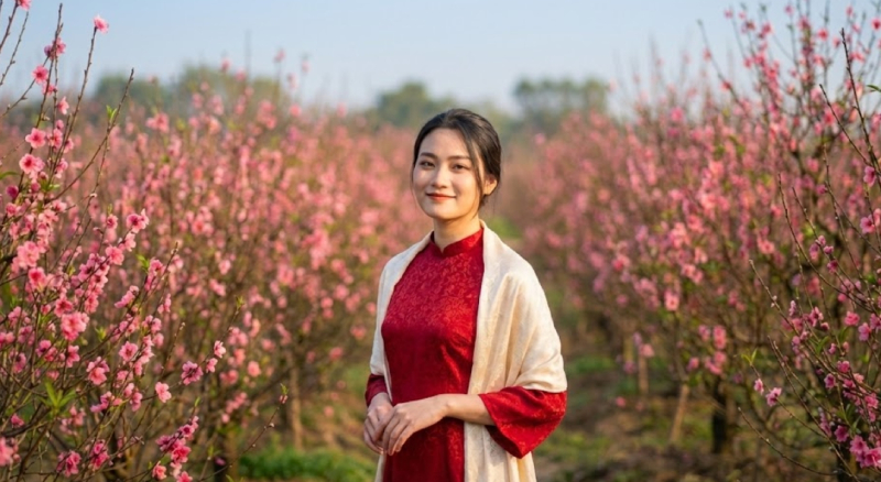 chụp ảnh áo dài tết ở vườn hoa đào