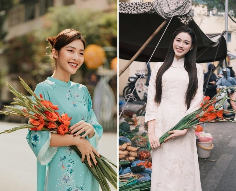 tạo dáng ôm hoa vào lòng