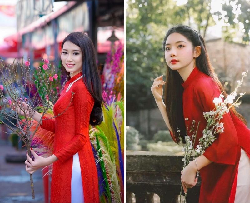 chụp áo dài và cành đào mai