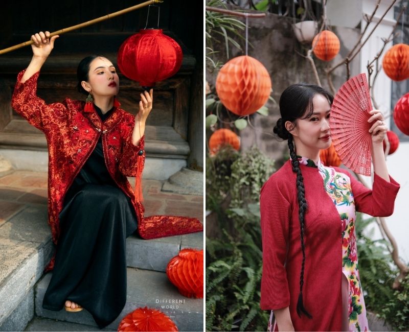 tạo dáng chụp ảnh tết với đèn lồng đỏ