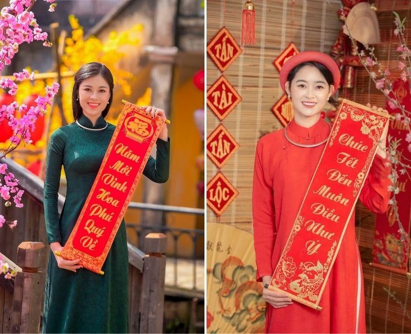 chụp ảnh với câu đối