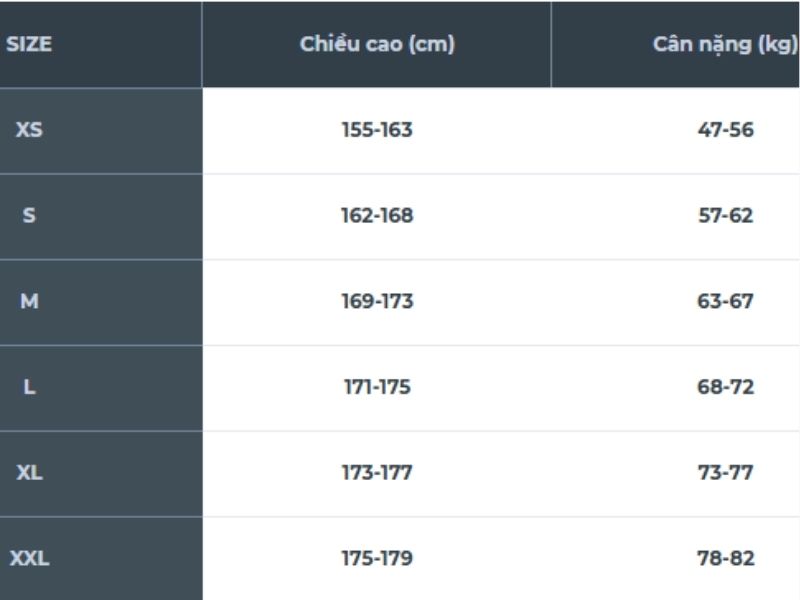 bảng size áo cờ đỏ sao vàng