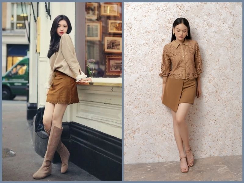 Chân váy nâu phối với áo màu gì