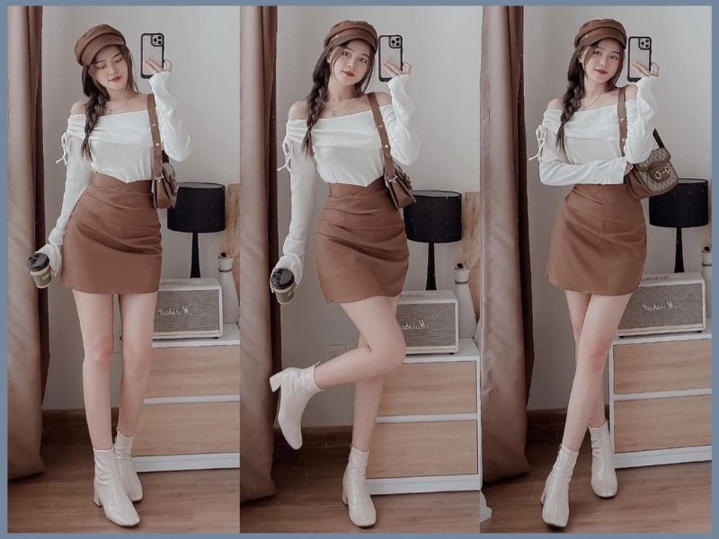 chân váy nâu mặc với áo gì