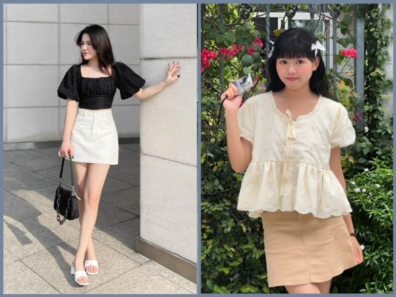 chân váy chữ a ngắn kết hợp với áo gì