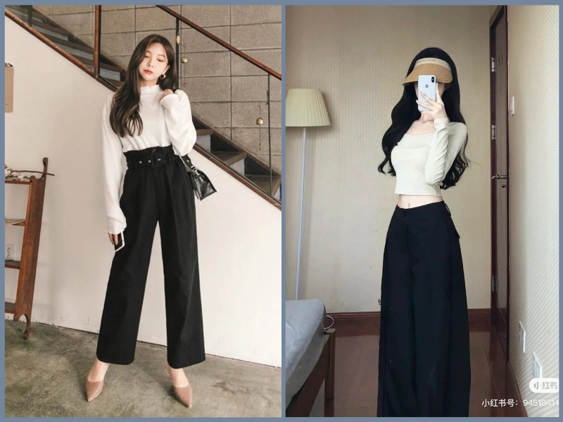 cách phối đồ với quần ống rộng đen