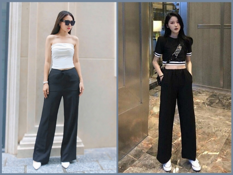 cách phối đồ với quần ống rộng đen