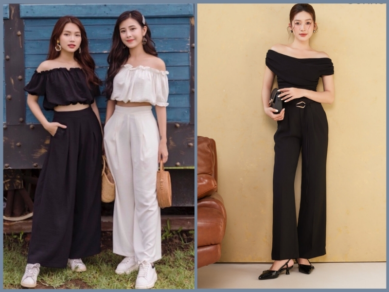 cách phối đồ với quần ống rộng đen