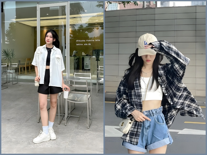 áo sơ mi kết hợp với quần short nữ