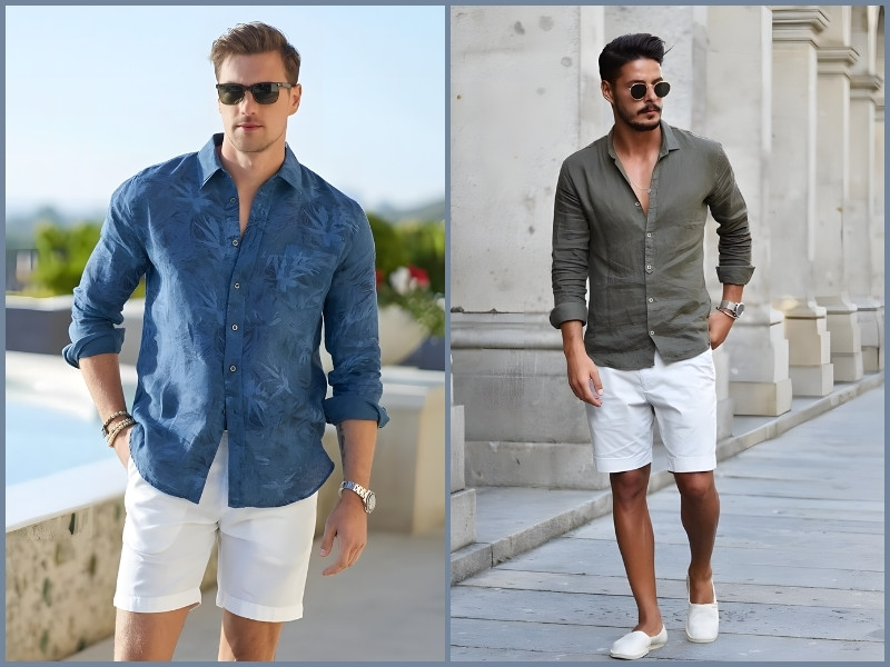 phối quần short với áo sơ mi nam