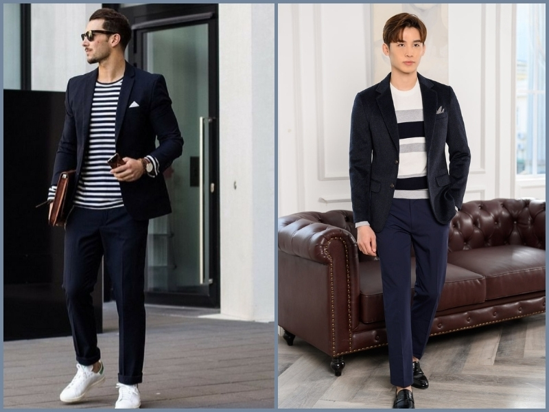cách phối áo vest nam với áo thun Phối vest với áo thun sọc