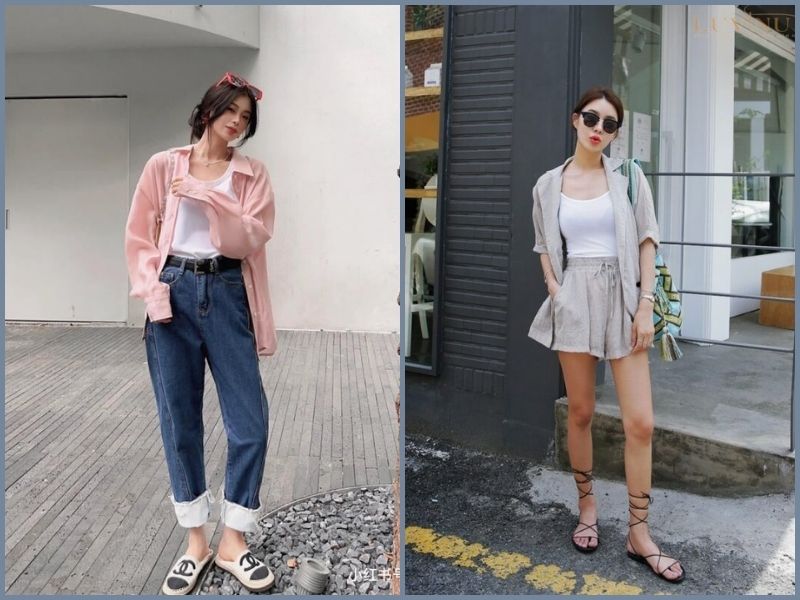 phối áo ba lỗ với áo sơ mi nữ