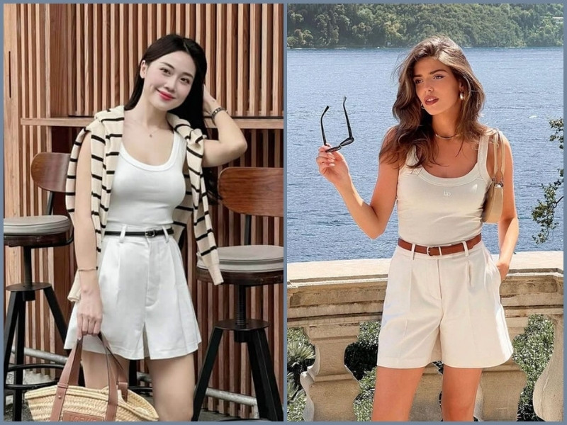 quần short trắng nữ mặc với áo gì Áo ba lỗ với quần short trắng