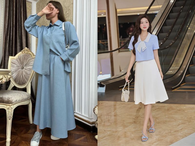 phối đồ với áo sơ mi xanh dương nữ phối đồ với áo sơ mi xanh dương nữ