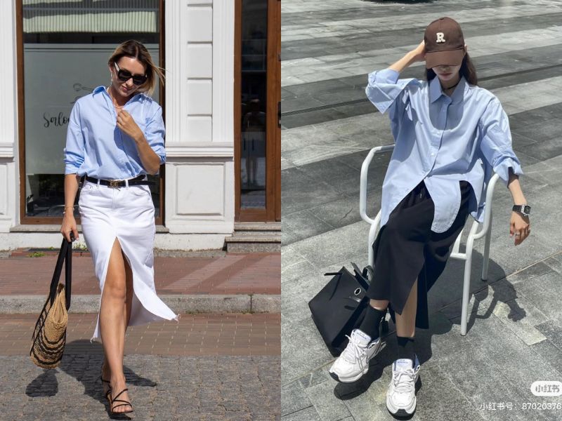 phối đồ với áo sơ mi xanh dương nữ phối đồ với áo sơ mi xanh dương nữ