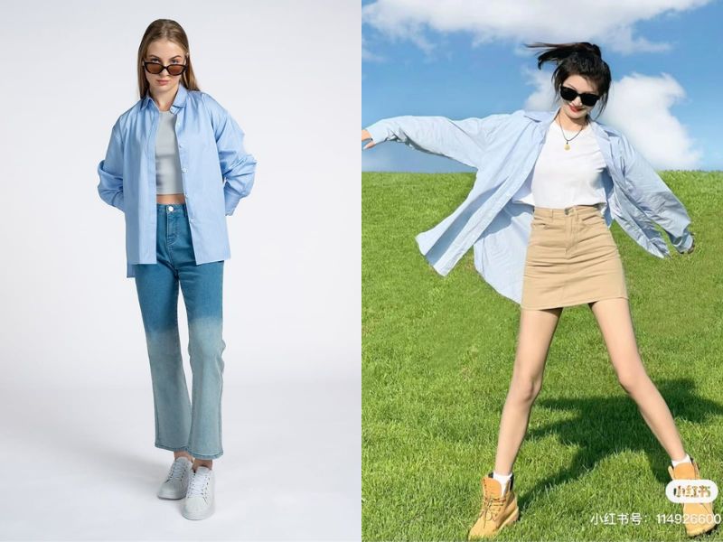 phối đồ với áo sơ mi xanh dương nữ phối đồ với áo sơ mi xanh dương nữ