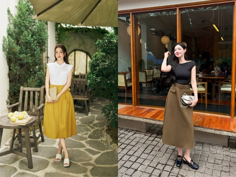 phối đồ với chân váy dài