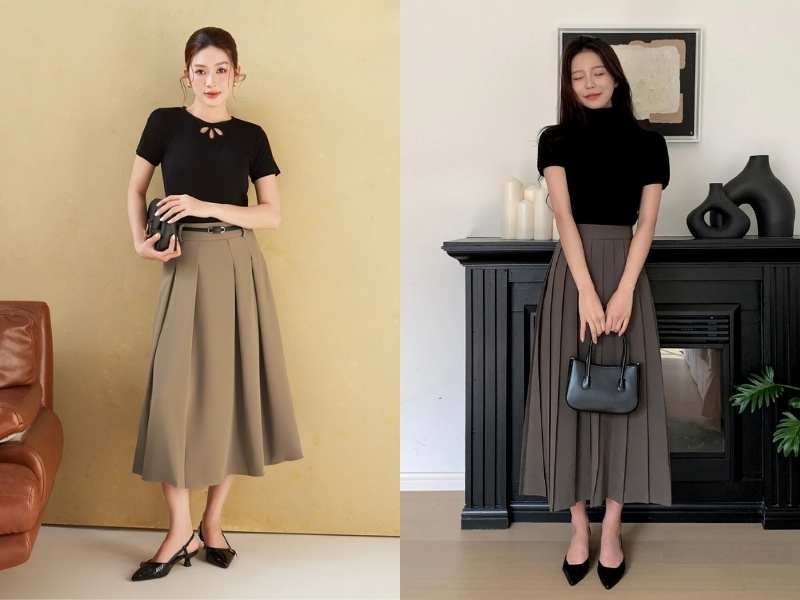 chân váy dài mặc với áo gì