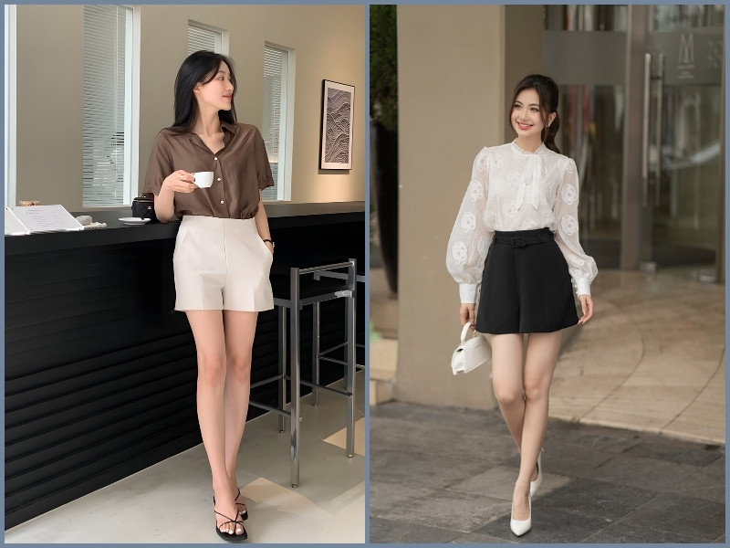 kết hợp quần short và áo sơ mi nữ