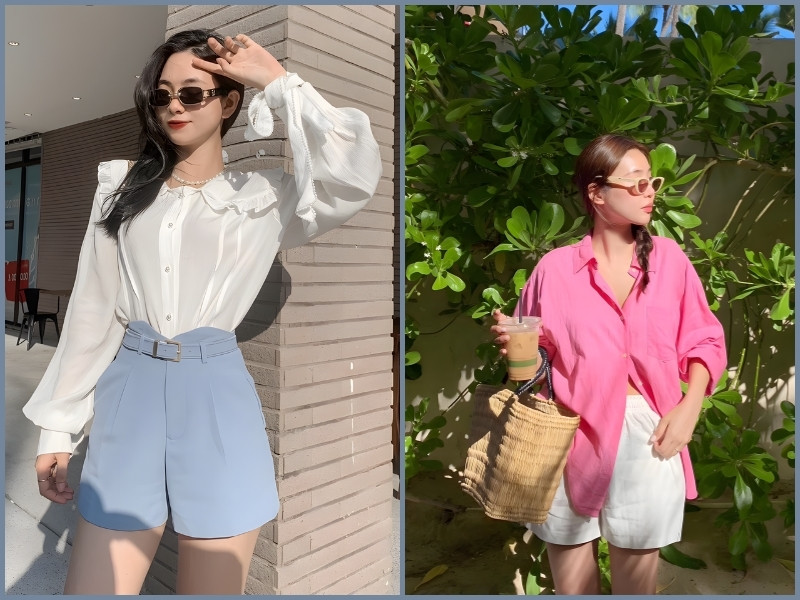 áo sơ mi kết hợp với quần short nữ