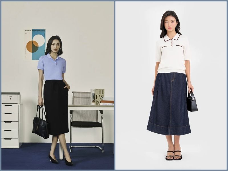 phối đồ với áo polo nữ phối áo polo với chân váy dài