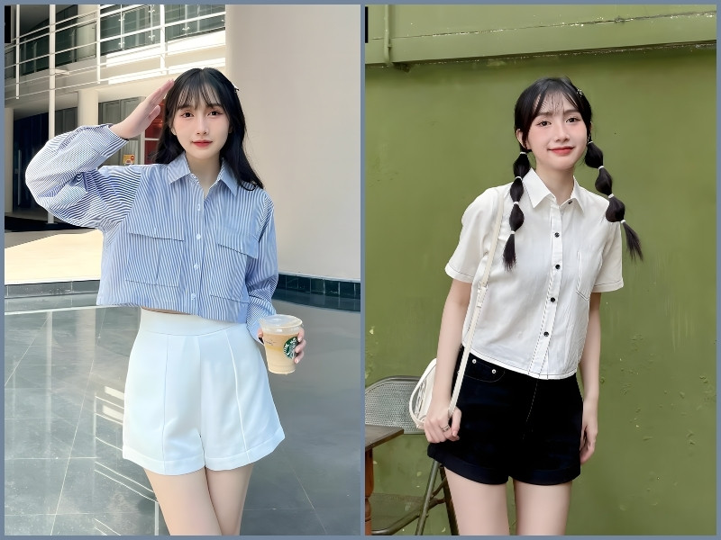 kết hợp quần short và áo sơ mi nữ