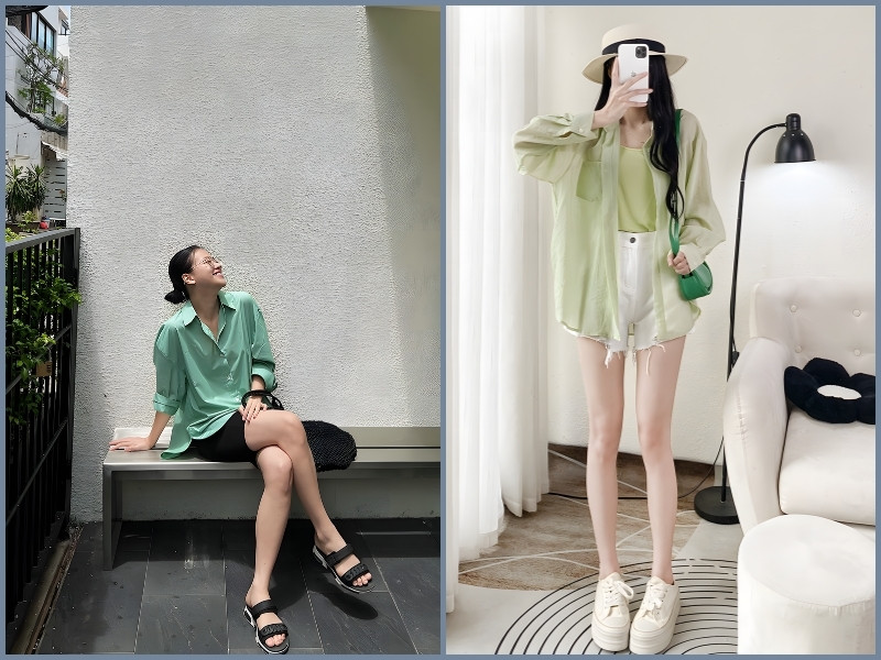 cách phối áo sơ mi với quần short nữ