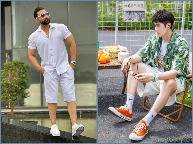 phối quần short với áo sơ mi nam