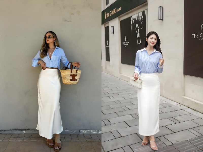 chân váy xếp ly trắng dài mặc với áo gì