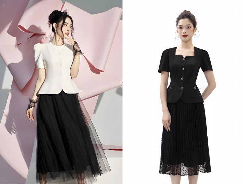 áo phối chân váy xếp ly dài