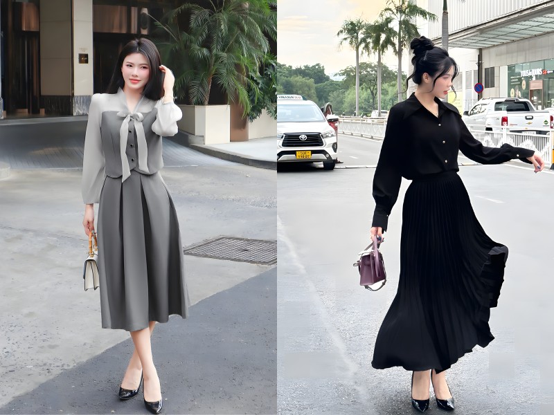 mix đồ với chân váy xếp ly dài