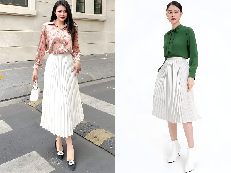 chân váy xếp ly đen dài mặc với áo gì