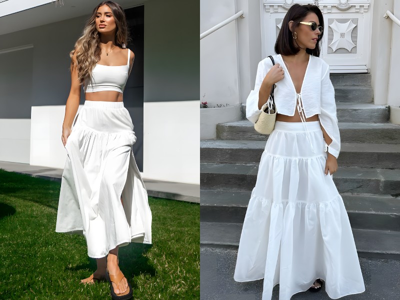 mix đồ với chân váy trắng dài