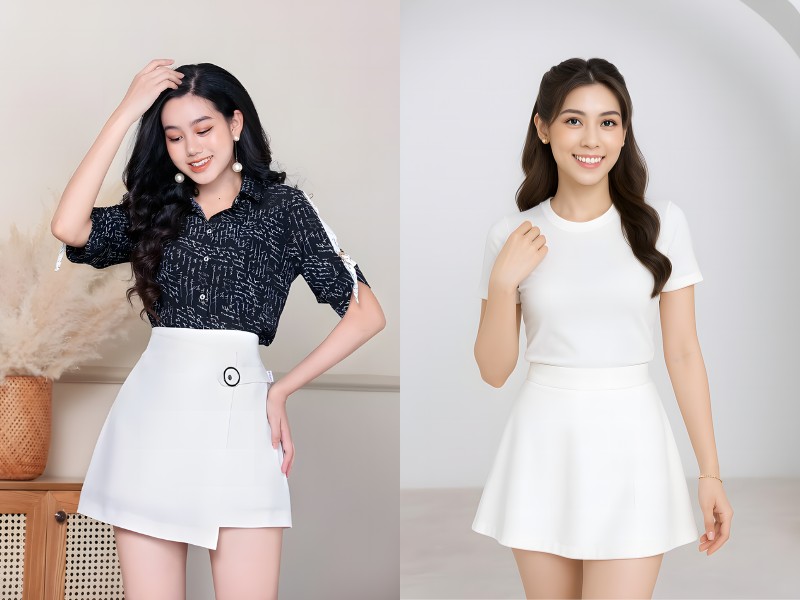 chân váy trắng ngắn phối với áo màu gì