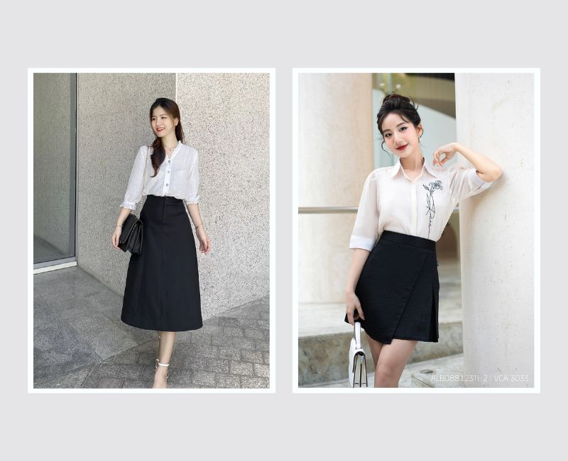 Phối chân váy chữ A màu đen với áo sơ mi trắng kinh điển