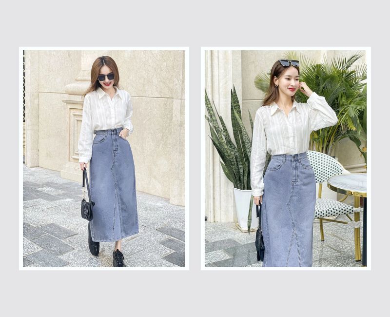 phối đồ với chân váy jean chữ a cho nàng chubby