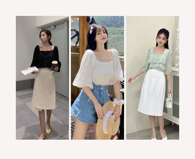 phối chân váy dài với áo cổ vuông cho nàng chubby