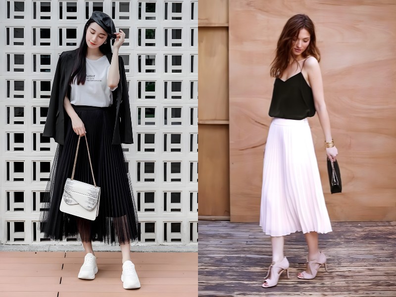 phối đồ với chân váy xếp ly dài mùa hè