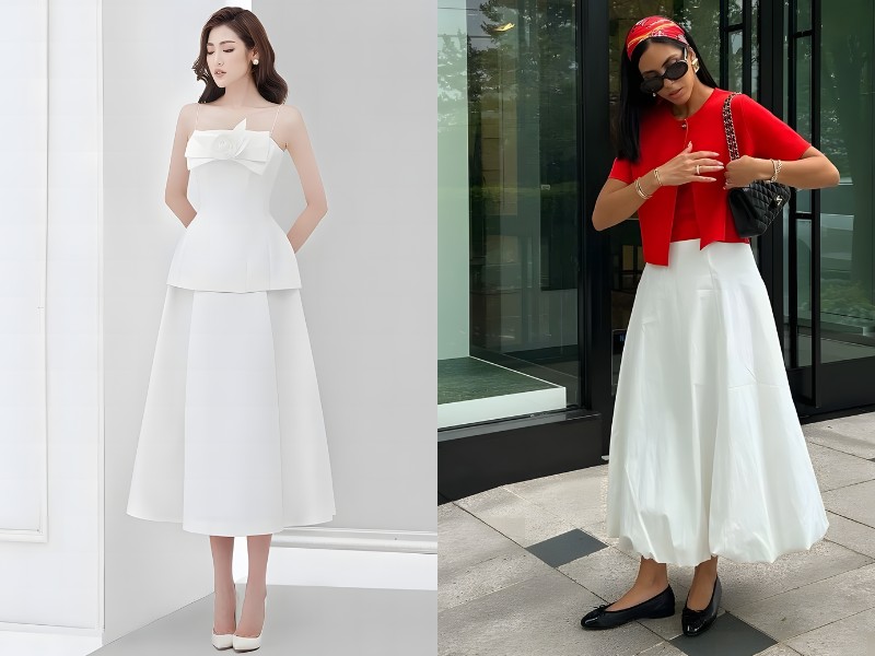 cách phối đồ với chân váy xòe dài trắng