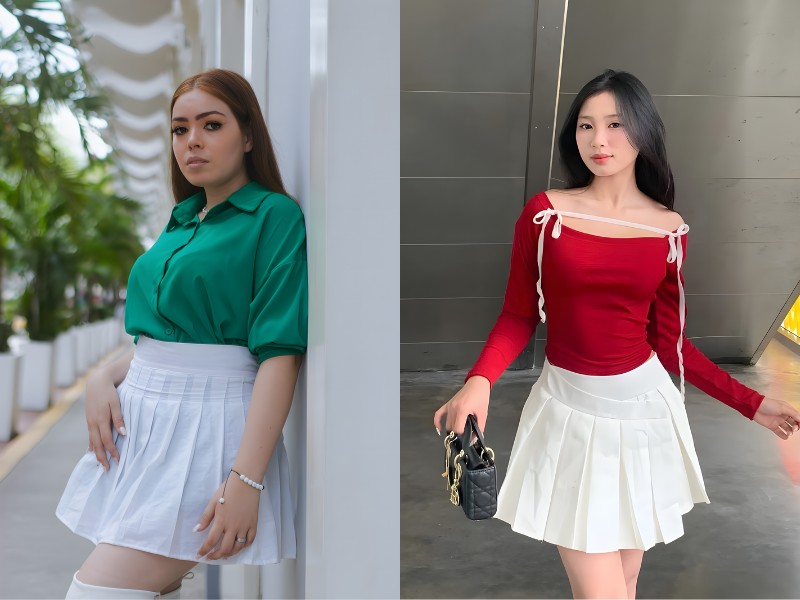 chân váy trắng ngắn mặc với áo gì