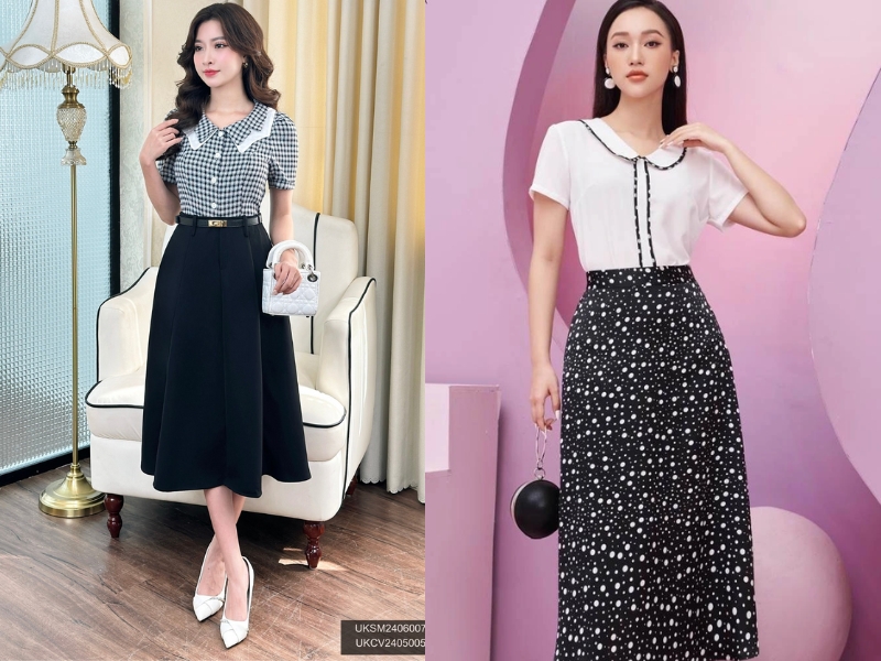 concept chụp ảnh mùa thu Áo cổ sen với chân váy midi