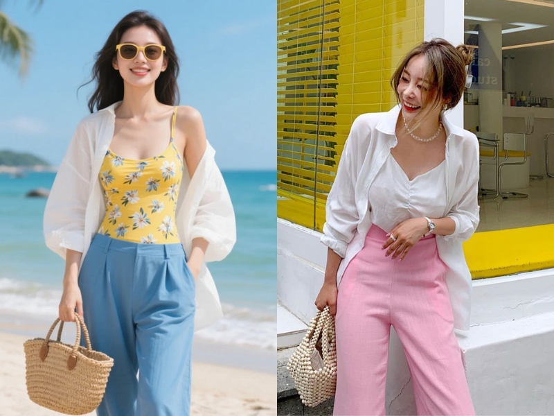phối áo sơ mi đi biển nữ