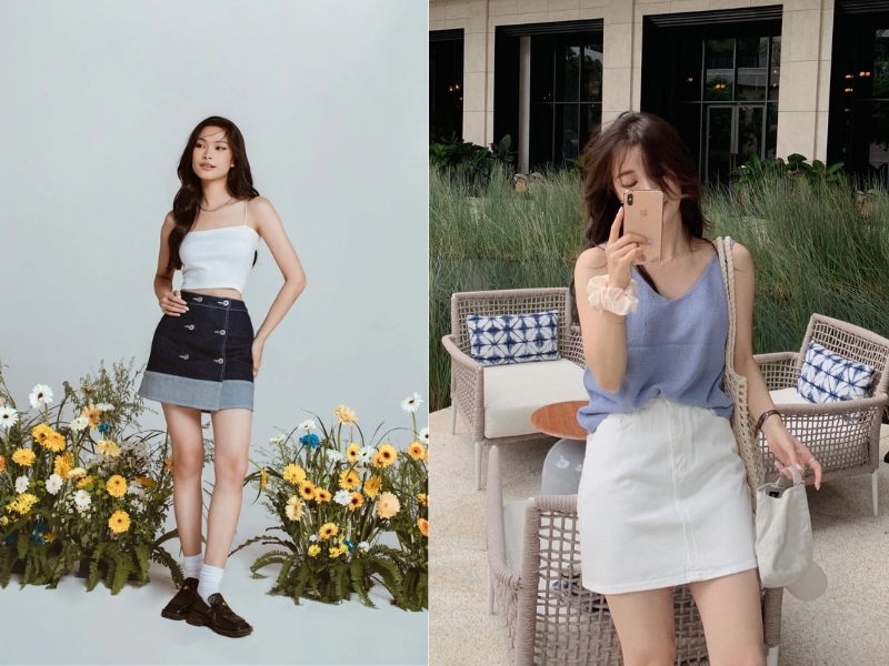 mix áo hai dây với chân váy