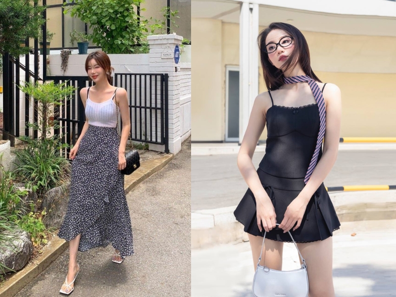 mix áo hai dây với chân váy